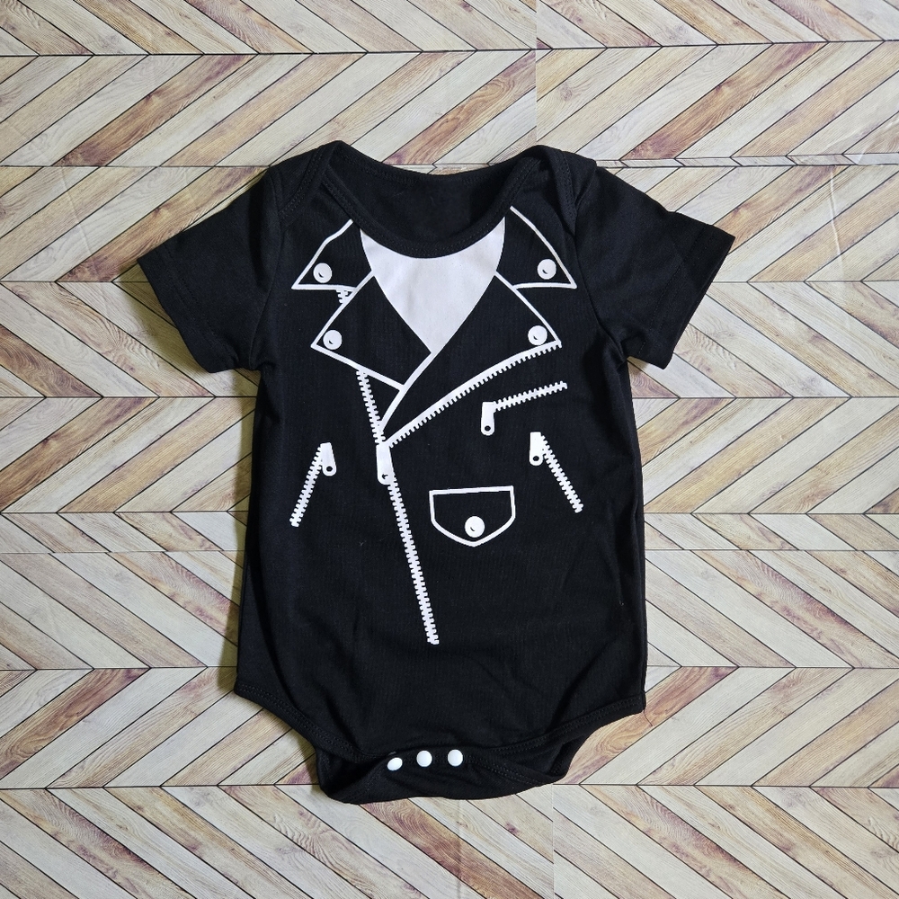 Baby Boy Faux Biker Jacket Onesie Rocker Black & White Tuxedo Bodysuit 9-12M